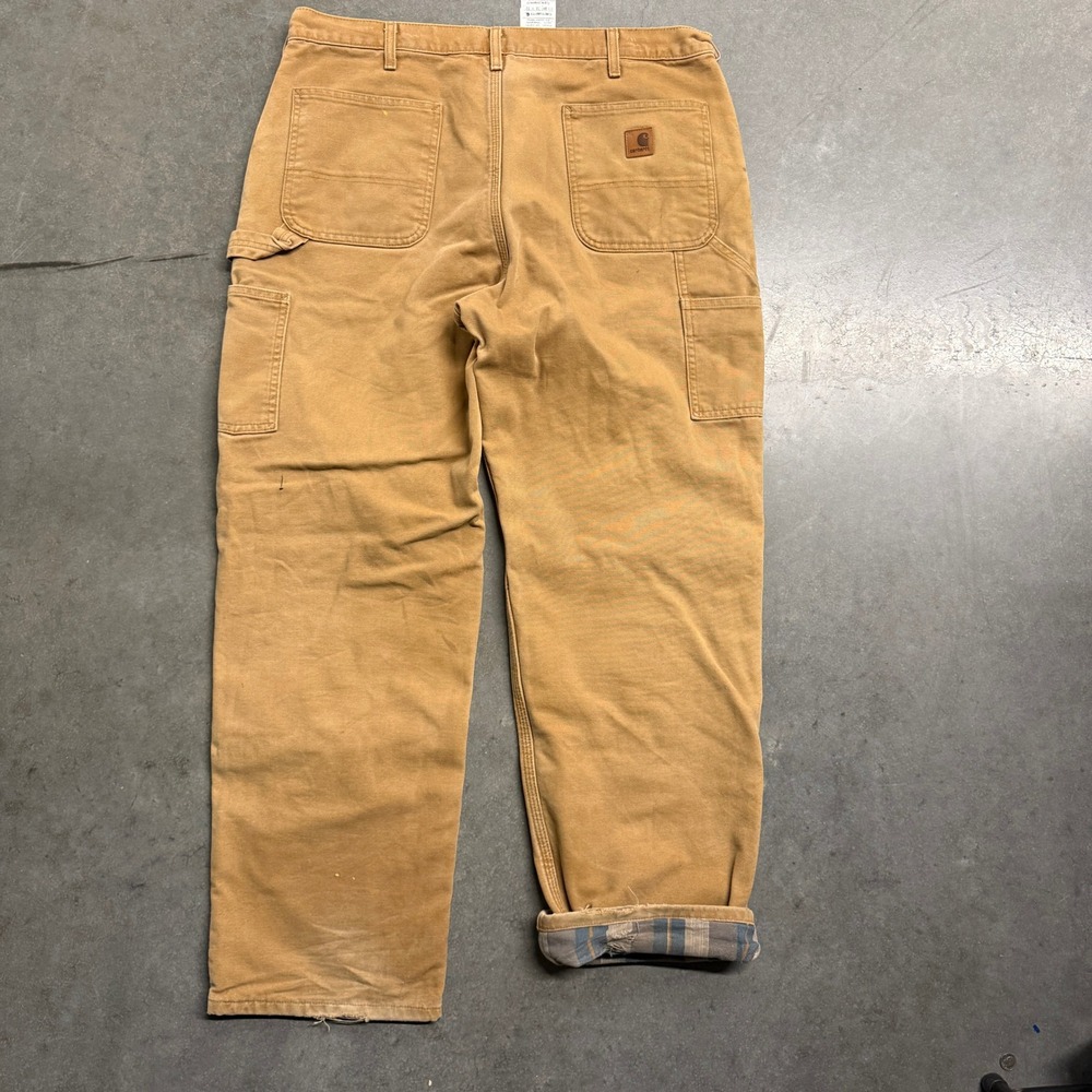 Carhartt B111 BRN Flannel Lined Dungaree Work Pants Brown 38x32 Plaid Lining